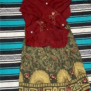 Red Embroidered Blouse with Floral Skirt